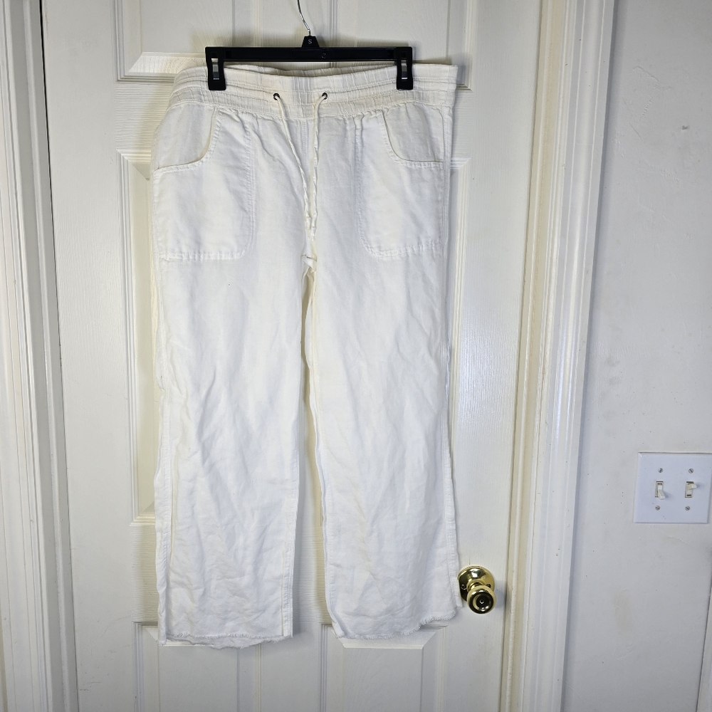 Oxide White Linen Cotton Casual Womens Pants Raw Hem M‎